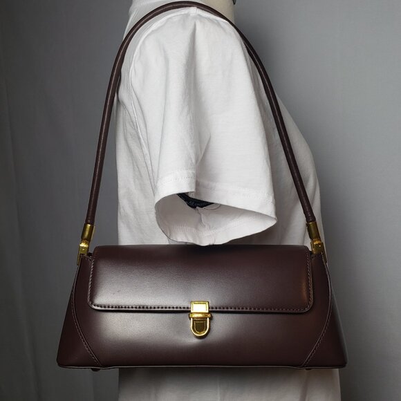 Tomato Potato Handbags - Tomato Potato Baguette Style Shoulder Handbag Brown with Gold Accents 11"x5"x4"